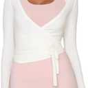 Women Ballet Wrap Top Long Sleeve Self Tie Dance Shirt Pilates Yoga Tops Y2k Workout Active Blouses, Size S, White