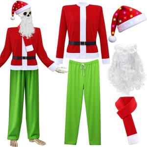 5 Pcs 12 ft Skeleton Christmas Costume Accessories Set Includes Santa Claus Top, Hat, Fake Fur Beard, Belt, Pants, and Scarf for Xmas Garden Lawn Outdoor Decoration Adult