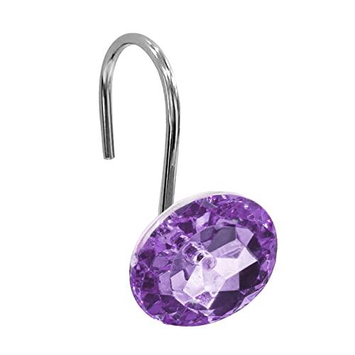 Gibelle Shower Curtain Hooks, Diamond Shaped Shower Curtain Rings Hooks for Bathroom Curtains Rod, Acrylic Decorative Rhinestones Bling Rolling Bathroom Accessories Set of 12, Purple