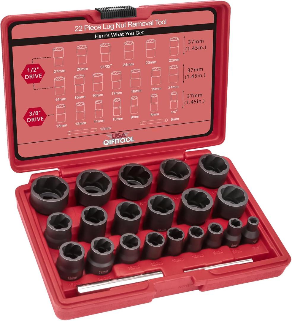 22PCS Bolt Extractor Set, 1/2" and 3/8" Drive Easy Out Stripped Locking Lug Nut Removal Tool, Ez Out Wheel Lock Remover Kit for Extracting Damaged, Broken, Rusted Nuts & Screws(Red)