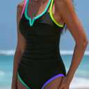 popvil One Piece Swimsuits Women 2026 Tummy Control - Modest Bathing Suit Shapewear Swimwear Retro Neon Swim Suit (M)