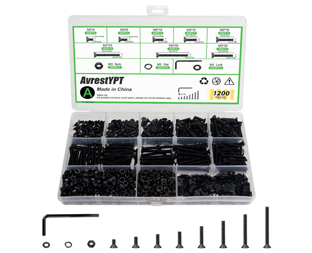 1200 Pcs M3 Countersunk Screws Screws Assortment kit Flat Head Screws Machine Screws Phillips Bolts Nuts Washers Assortment Kit with Screwdriver for Electronics, Machinery - M3x6/8/10/12/16/20/25/30mm