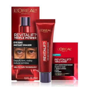 L'Oreal Paris Revitalift Triple Power Eye Bag Instant Eraser, Eye Tightener Treatment to Firm Bags, 0.5 oz + Sample