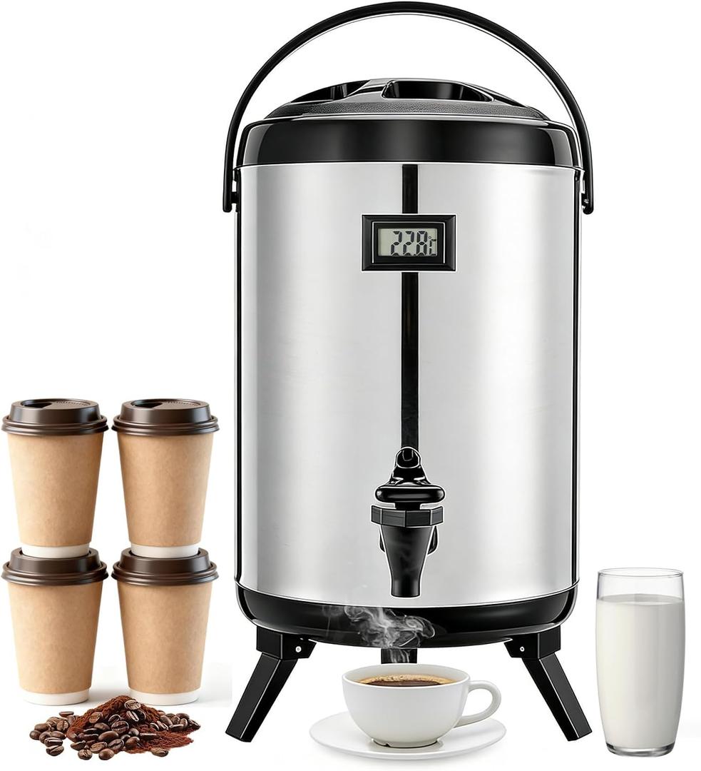 3.2 Gal/12L Non-Electric Insulated Beverage Dispenser, Stainless Steel Thermal Drink Server with Spigot & Temp Display, Hot & Cold Drink Dispenser for Cafes, Restaurants, Parties, Silver (EXP 12/31/36)