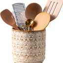 Utensil Holder Rustic Farmhouse Ceramic Utensil Crock for Countertop - 5.3" Handcrafted Kitchen Cooking Utensil Crocks with Cork Base, Natural Finish for Kitchen Tools Storage (Hand Engraved Print Flower)