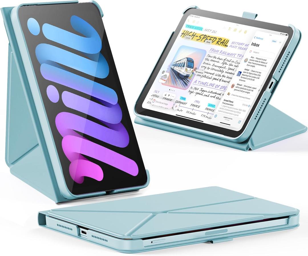 INFILAND Case for iPad mini 7 (A17 Pro) 2024 / iPad mini 6 2021, Magnetic Origami Slim Protective Case, Book-Style Foldable Cover with Pencil Holder, Multi-Angle Stand, Auto Wake/Sleep, Sky Blue