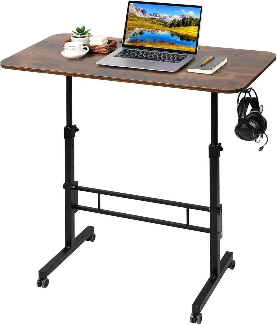 Standing Desk Adjustable Height, Rolling Walking Pad Desk, Small Mobile Table with Wheels, Portable Stand Up Table for Standing or Sitting, Size 31.5x15.7 Inch Rustic
