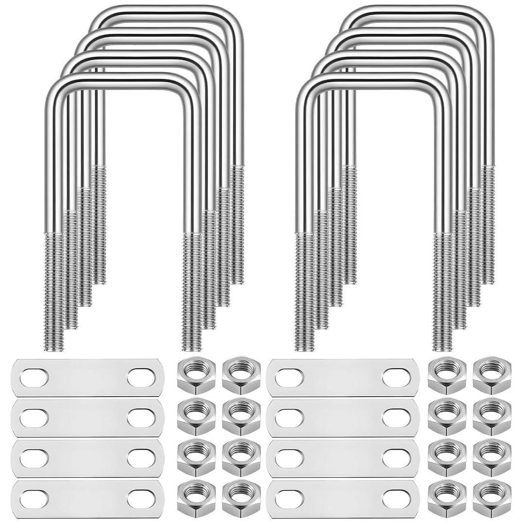 BOHUIZ 4 Sets Square U Bolts 2" W x 4.33" L, Stainless Steel U Bolts with Frame Plate and Hex Nut for Replacement Parts and Accessories for Ski Boat, Fishing Boat or Sailboat Trailer