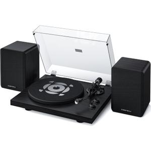QLEARSOUL SoulBox S1 Vinyl Record Player with Stereo Speakers, Turntable with Built-in Preamp, S-Shaped Tonearm, 33/45 RPM - Black