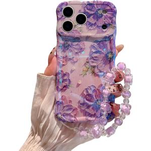 for iPhone 17 Pro Max Wavy Case, Curly Protection FrameVintage Glossy Oil Painting Floral Print with Lovely Bead Chain for Grils and Women (Purple)