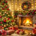 LYCGS 10x8ft Christmas Fireplace Backdrop Xmas Tree Gift Photography Background Merry Christmas Party Decor X-448