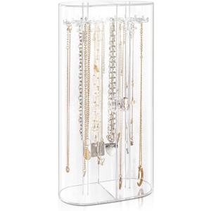 Acrylic Necklace Holder, Clear Necklace Organizer with 24 Hooks, Dustproof Rotation Jewelry Storage Holder Stand, Long Necklaces Pendant Bracelets Display Case for Dresser Bathroom Vanity Countertop