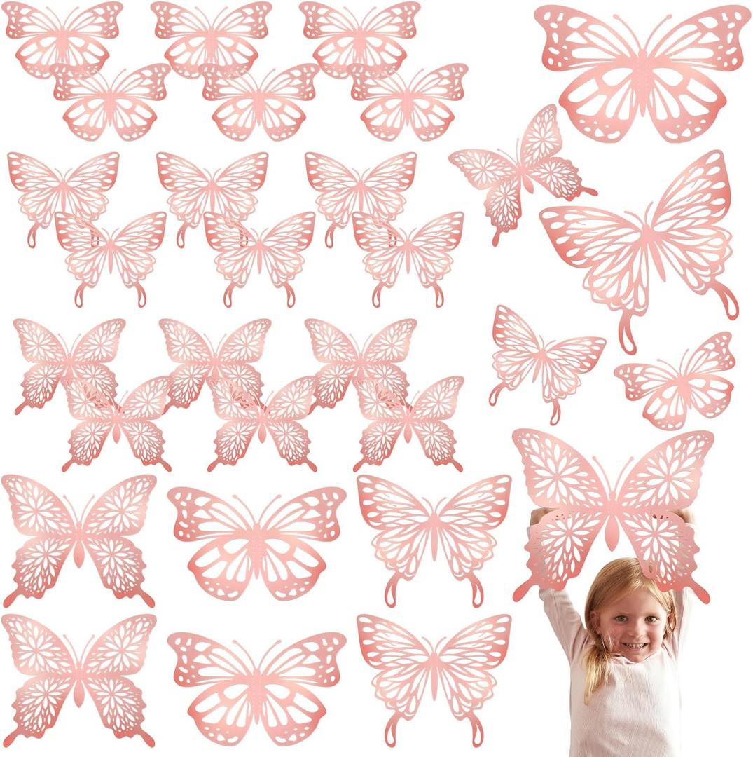 Yeaqee 24 Pcs Large Butterfly Party Decoration 3D Butterflies Wall Decor Set 2 Sizes 3 Styles Large Stickers for Birthday Baby Shower Nursery Bedroom Wedding Decor Cutouts (Pink)