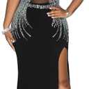 Sexy Rhinestone Crystal Mesh Patchwork Sheer Bodycon Dress Womens See-Through Birthday Clubwear Dresses (Black10)