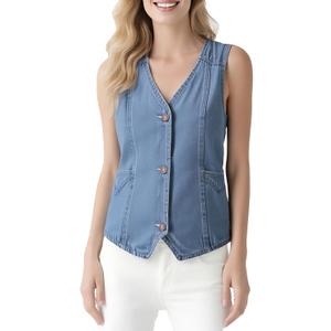 Women's Denim Sleeveless Casual Vest for women, Jean Vest Top, Light Wash, V Neck, Button Front with Dual Pockets, Size M