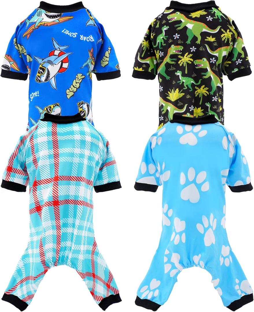 PET SHOW 4 Pack Small Dog Pajamas for Doggies Boy Dinosaur Shark Soft Stretchy PJs Plaid Jumpsuit Puppy Cats Kittens Paw Onesies Outfits with Sleeve Pets Breathable Summer Clothes Costume XS