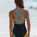 popvil Women's One Piece 2025 Tummy Control Swimsuits Neon Color Block Swimwear Deep V Neck Slimming Bathing Suit (Black, S)