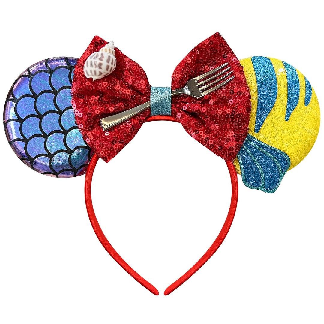 Mermaid Mouse Ears Headband for Women, Fish Scales Mouse Ears Sequin Bows Headband Mouse Ears for Adult Park Ears