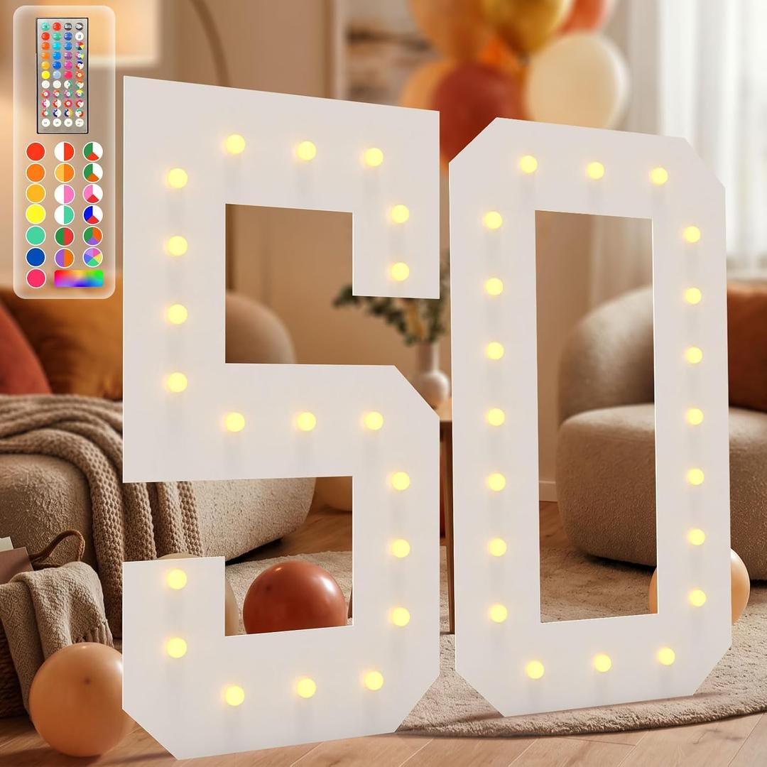 4FT Marquee Light Up Numbers, 34 Colors Changing Marquee Numbers with Remote,Water Bag, 4FT Light Up Numbers for 50th Birthday Party Decorations Backdrop Anniversary Decor, Large Number 50