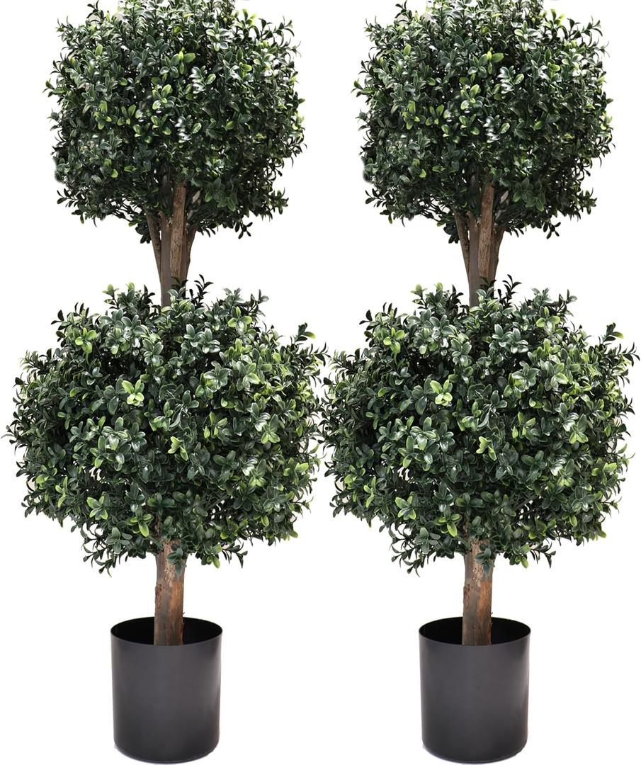 4Ft Artificial Boxwood Double Ball Topiary Trees,2PACK Faux Topiaries Tree Store Garden Indoor&Outdoor for Porch Home Decor