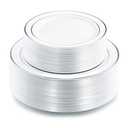 I00000 102pcs Silver Plastic Plates, Disposable Plastic Party Plates with White Silver Rim Fancy Wedding Party Plates Include 51 Dinner Plates 10.25" and 51 Dessert Appetizer Plates 7.5"