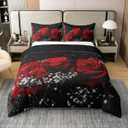 Rose Floral Duvet Cover Set 100% Cotton 3D Printed Flowers Queen Size Bedding Sets Romantic Farmhouse Style Comforter Cover for Kids Black Red White Bedding with 2 Pillowcases(No Comforter)