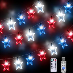 4th of July Decorations Star Lights USB Charge, 45FT Red White Blue Lights with 90Led Big Stars, 8 Modes Patriotic Lights Timer Remote for Indoor Outdoor Garden Independence Day Memorial Day Decor
