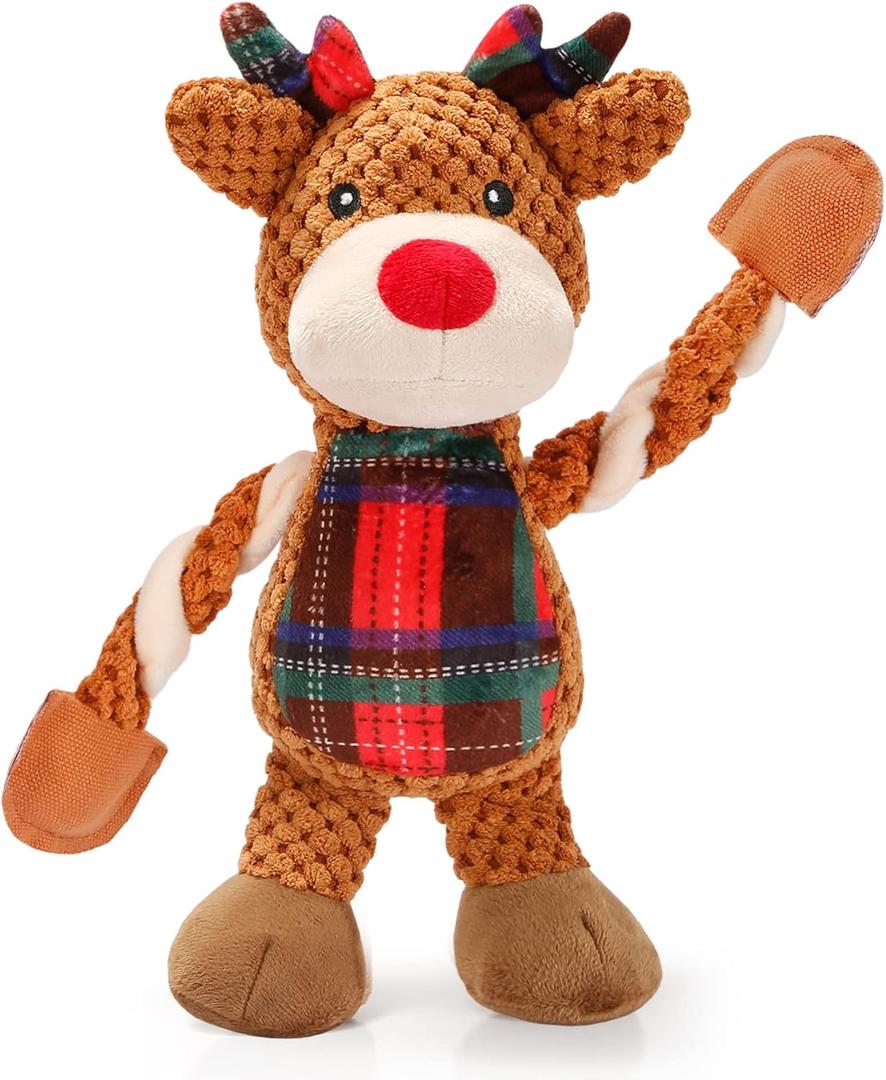 Senneny Dog Christmas Toys Reindeer, Classic Red Green Tartan Plaid Squeaky Toys for Dogs Puppy, Stuffed Plush for Large Medium Small Dogs, Interactive Durable Dog Chew Toys