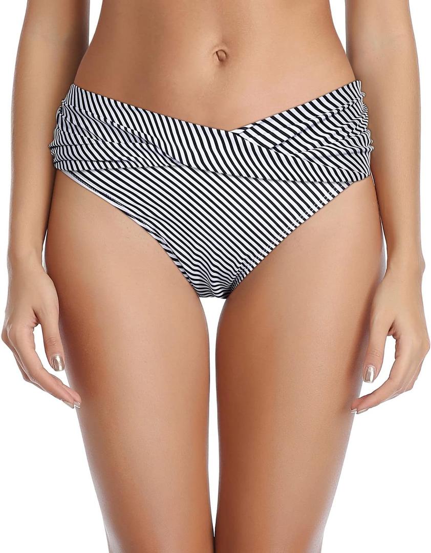 Tempt Me Women Twist Bikini Bottom Moderate High Cut Bathing Suit Bottoms Ruched Swimsuit Bottom (Small, Striped)