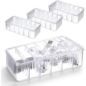 Oqqlin 4 Pcs Cable Organizer Box with Lid, 8 x 4 x 2 Inch Small Clear Plastic Cord Storage Organizer Box Durable Charger Cord Storage Boxs for Home, Office, Desktop