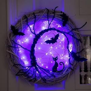 Halloween Wreaths for Front Door, 15 Inch Halloween Lighted Wreath with Bat and Cat Decor, 45 LED Purple Lights Battery Operated, Front Door Porch Wreath Decorations for Holiday Party (Purple)