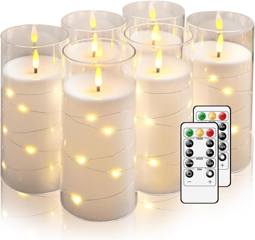 Hinabichan Flickering Flameless Candles with Remote Timer, 5pcs LED Battery Operated Candles with Embedded String Lights White, D3 H6