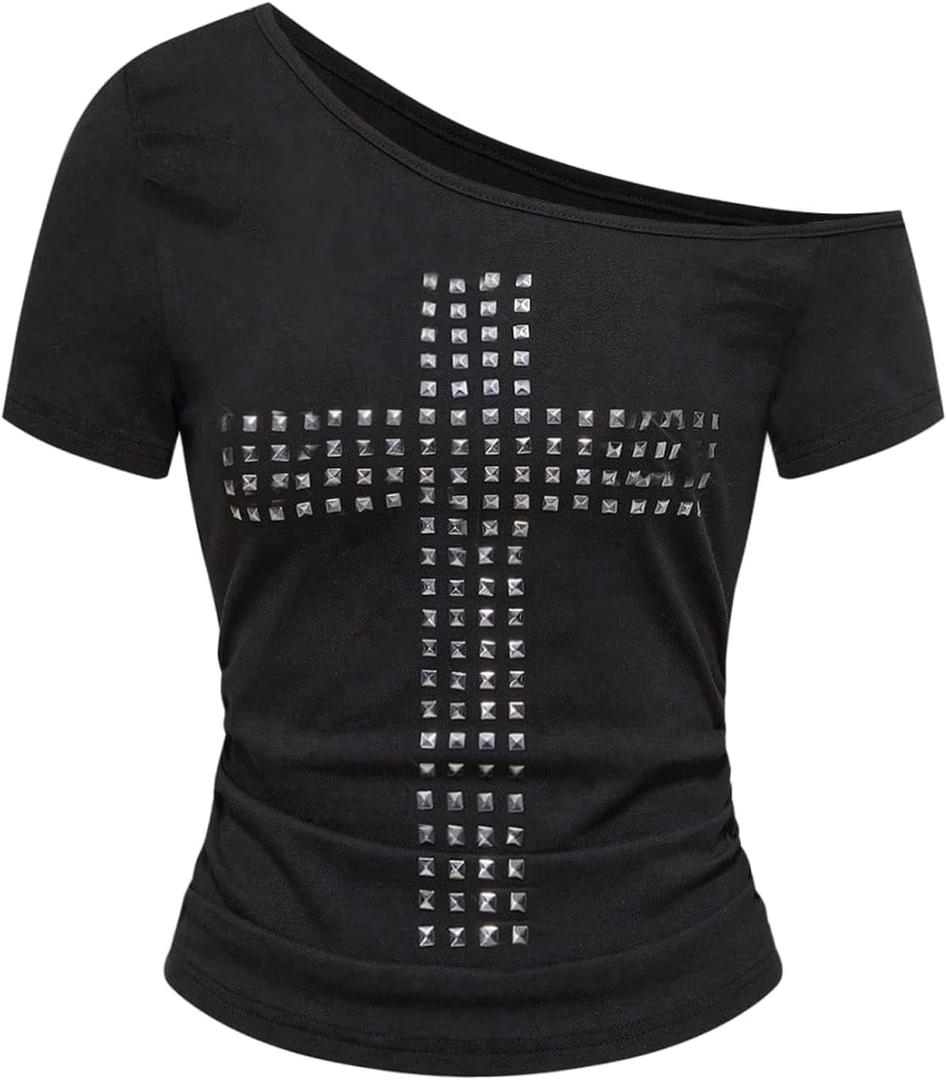 BEAUDRM Women's Y2k Cross Rivet T Shirt Grunge Punk Off The Shoulder Short Sleeve Going Out Tops Streetwear Medium