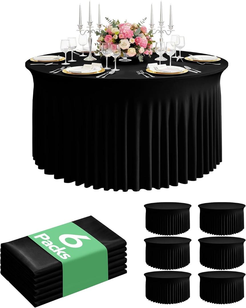 6 Pack Spandex Table Cover Skirts for 60 inch Round Tables, Black Stretch Table Cloths with Floor-Length Ruffle, Elastic Fitted Skirted Tablecloth for Elegant Wedding Banquet Party Buffet Decoration
