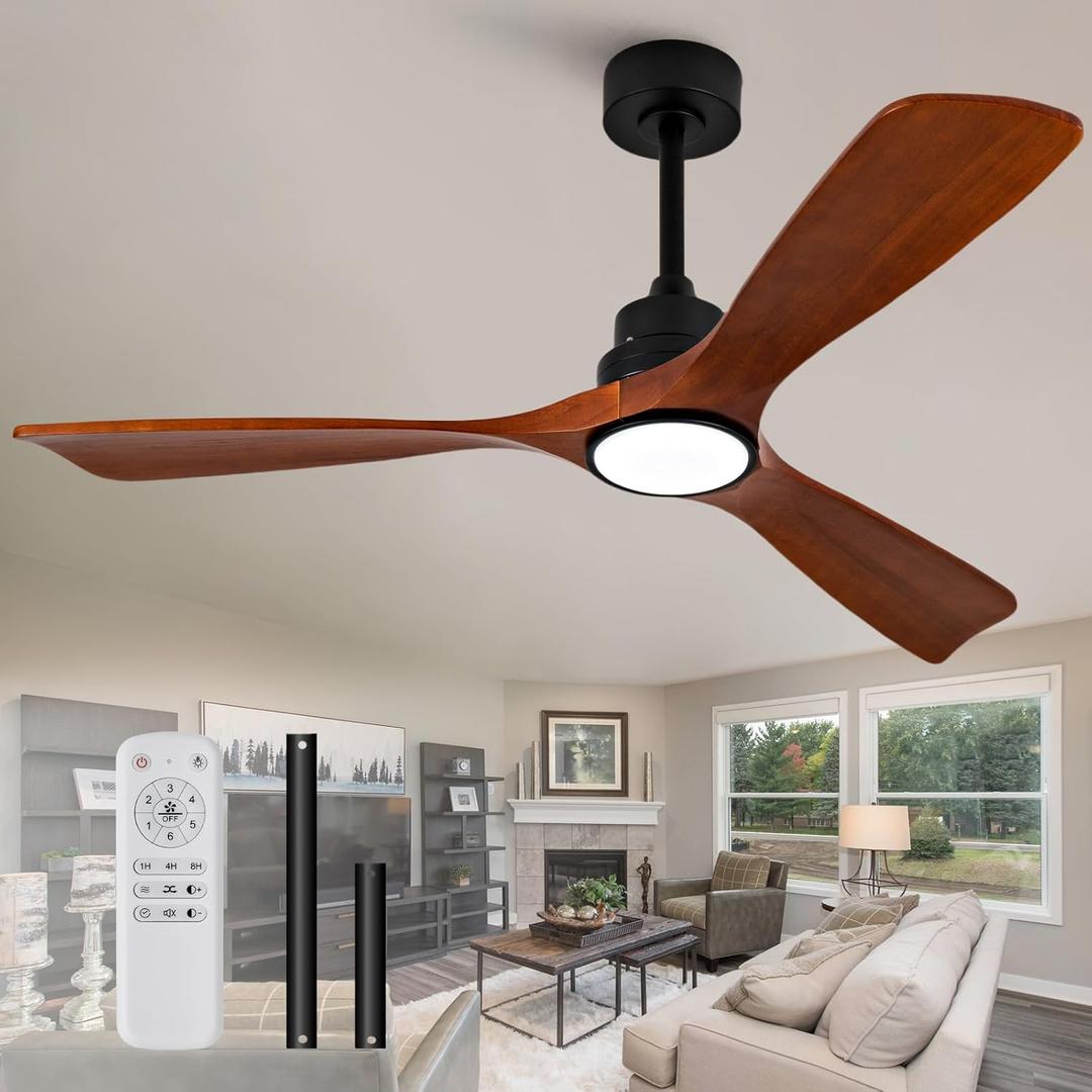 ZVL 60 Inch Ceiling Fans with Lights and Remote Control, Solid Wood Blades, 6 Speed Reversible DC Motor, Dimmable, Timer, Indoor Outdoor Ceiling Fan for Bedroom Living Room Patios (Black/Walnut 3 Blades)
