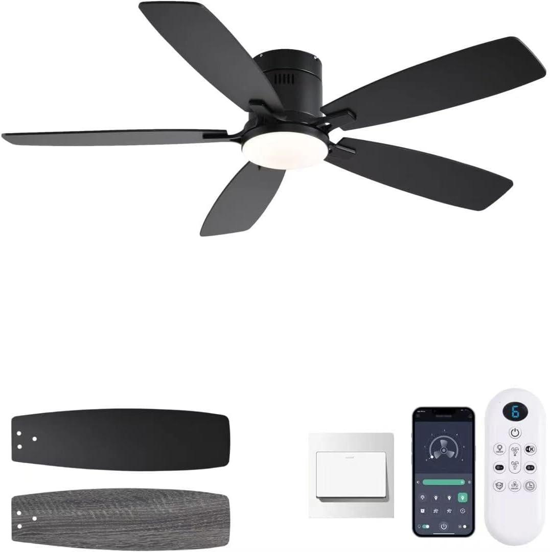 52inch Ceiling Fans with Lights, Low Profile Ceiling Fan with Light and Remote Control/APP Control, Flush Mount, Reversible DC Motor, Dimmable, Noiseless, Black Ceiling Fan for Bedroom