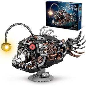 Mechanical Angler Fish Building Set with Light, Creative Ocean Lantern Fish Animal Toy for Home Office Decor, Compatible with Lego Shark, STEM Gift for Adults Teens Boys 8-14+ (1038 PCS) (Black)