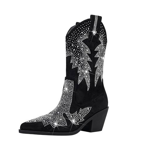 Women's Sparkly Rhinestone Bling Cowgirl Suede Western Boots Shiny Pointed Toe Chunky Heel Glitter Ankle Booties, Size 41