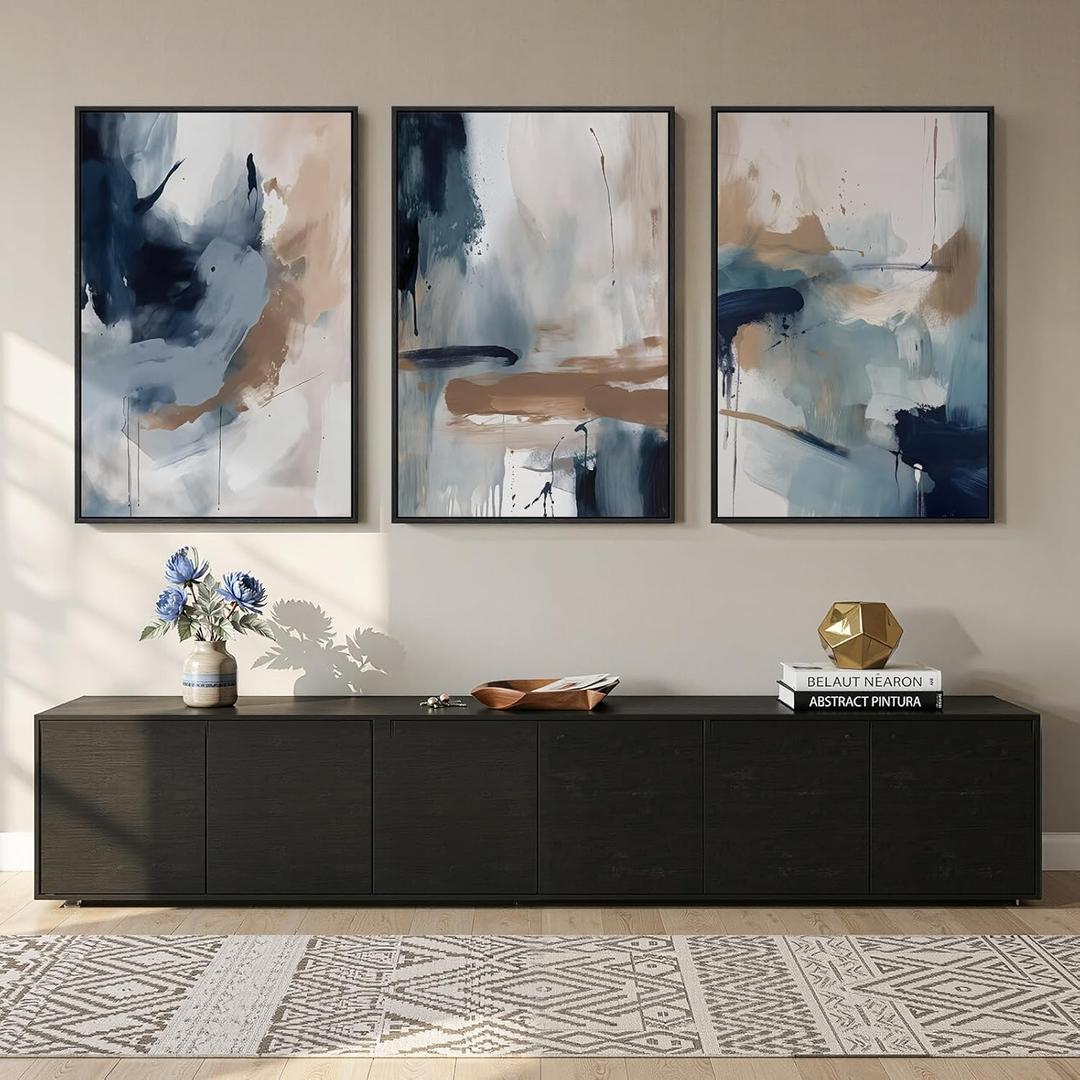 Large Framed Blue and Neutral Abstract Wall Art for Living Room, 3 Piece Modern Canvas Prints Paintings Artwork for Walls, Minimalist Pictures for Bedroom Dining Room Hallway Wall Decor 24x36 Inch, 24" W x 36" H x 3Pcs