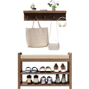 2-in-1 Shoe Rack Bench & Coat Rack Set, 28" Bamboo Storage Stool with Padded Seat, 24" Wall-Mounted Coat Stand with 5 Gold Hooks, Hallway Organizer for Home Entryway, Walnut Color