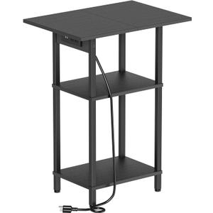 Tall End Table with Charging Station, Skinny Nightstand with USB Ports and Outlets, 3 Tier Narrow Side Table with Storage for Bedroom, Living Room, Office, Black