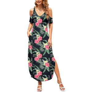 HUSKARY Women's Summer Maxi Dresses V Neck Cold Shoulder Short Sleeve Casual Loose Long Split Dress with Pocket (Medium, Pink Flower)