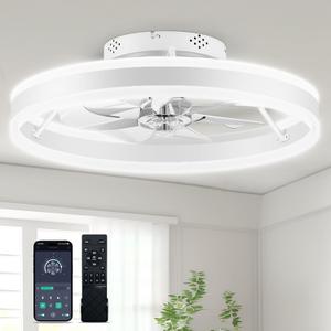 Ceiling Fans with Lights and Remote, 20” Low Profile Ceiling Fan, 2700-6500K Color Temperature, 6 Wind Speeds, Quiet DC Motor, Dimmable Modern Flush Mount LED Fan Light for Bedroom Living Room