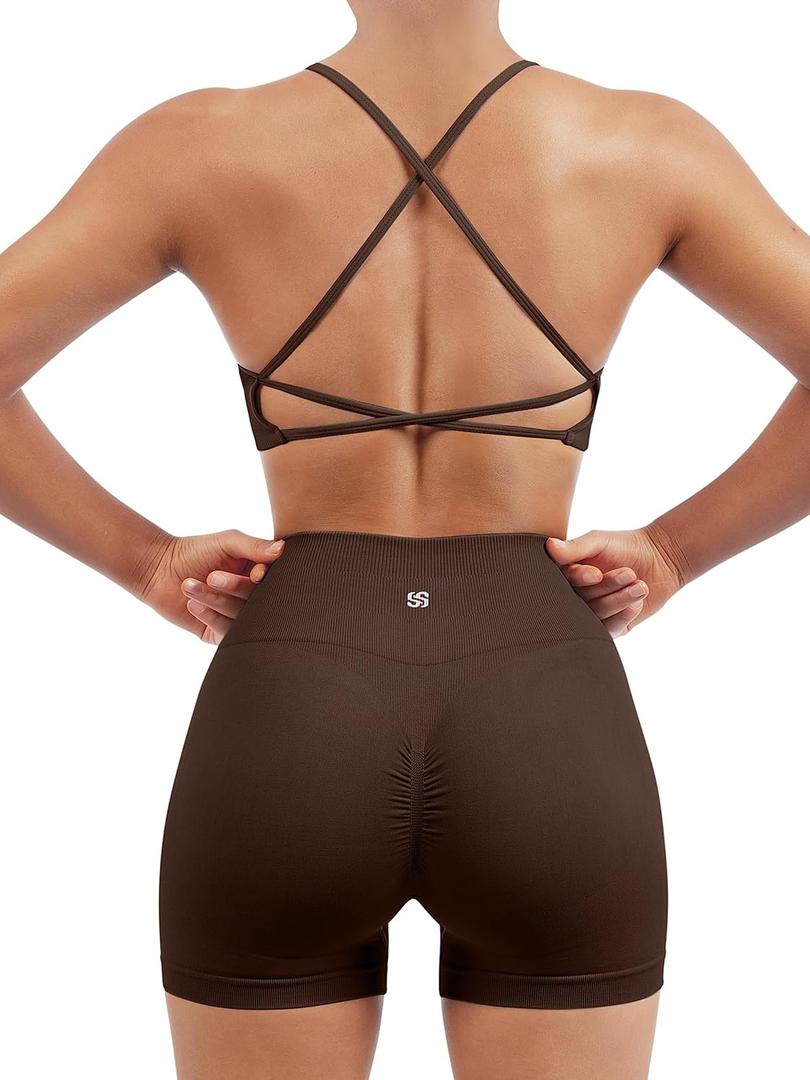 SUUKSESS Women Seamless Workout Sets Strappy Sports Bra High Waist Booty Shorts Outfits, S