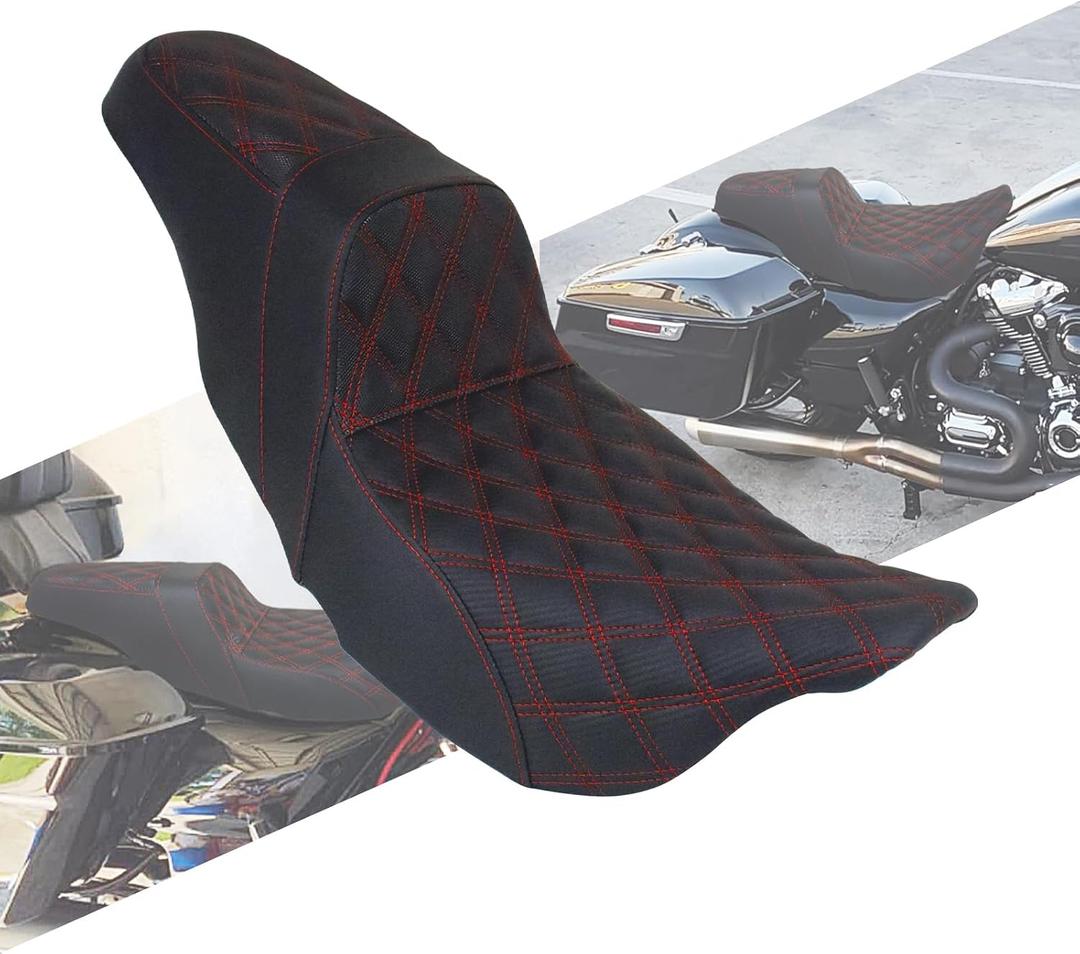 One-Piece Seat Driver & Passenger Seat 2-Up Fit For Harley Touring Road King FLHR Road Glide FLTR Street Glide FLHX Electra Glide Ultra Limited FLHT 2009-2023 (Red Stitching)