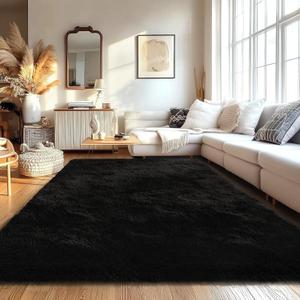 FVVRAX 6x9 ft Ultra Soft Shag Area Rug - Plush Fluffy Non-Shedding Carpet for Bedroom & Living Room, Modern Home Decor Bedside Rug for Kids Nursery Dorms, Easy Clean, Black