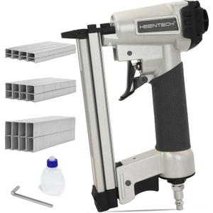 KEENTECH Pneumatic Staple Gun 22 Gauge, Air Upholstery Stapler with 3765pcs 3/8" Crown Staples 1/4"-5/8", Ready-to-Use Air Staple Gun with Staples, Safety Trigger, for Wood Furniture Fabric Leather (Silver)