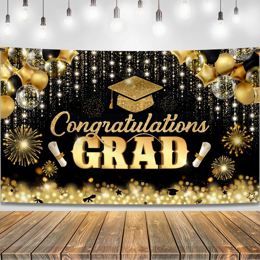 Graduation Decorations 2026 | Graduation Backdrop - 72x12 Inch | Black and Gold Congrats Grad Banner | Graduation Decorations | Black and Gold Graduation Decorations, KatchOn