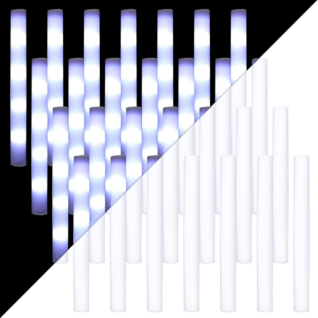 Cunno 50 Pcs LED Foam Stick 3 Modes Light up Glow in the Dark Foam Light Sticks 16 Inch Long Glow Wands for Wedding, Birthday, Rave, Concert, Camping, Festival, Battery Powered (White)