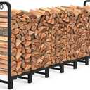 AMAGABELI GARDEN & HOME 8ft Firewood Rack Outdoor Heavy Duty Fire Wood Racks Outdoor for Firewood Log Holder Wrought Iron Firewood Log Racks Stand Wood Pile Lumber Storage Stacking , Black